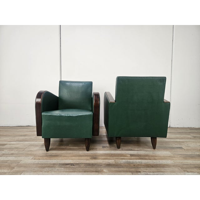 Art Deco Club Chairs in Walnut and Green Eco-Leather, 1940, Set of 2 For Sale - Image 3 of 18