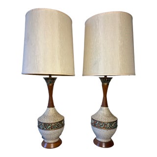 Pair of Vintage f.a.i.p. Fine Arts in Plaster Ceramic-Style & Wood Mid Century Modern Table Lamps For Sale