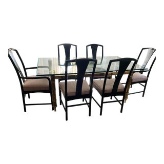 1980s Family Gathering Dining Set in Glass & Brass With 6 Enameled Upholstered Chairs - Set of 7 For Sale