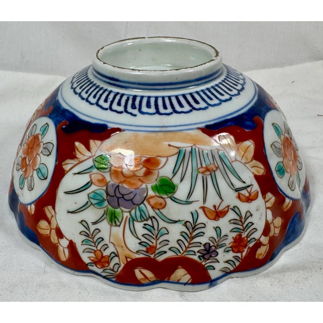 Vintage Scalloped Edge Imari Bowl Decorated With Colorful Floral Patterns & Butterflies From Japan - Circa 1940 For Sale - Image 11 of 12