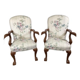 Mid-Century Weiman Furniture Carved Mahogany Georgian Style Figural Lounge Chairs - A Pair For Sale