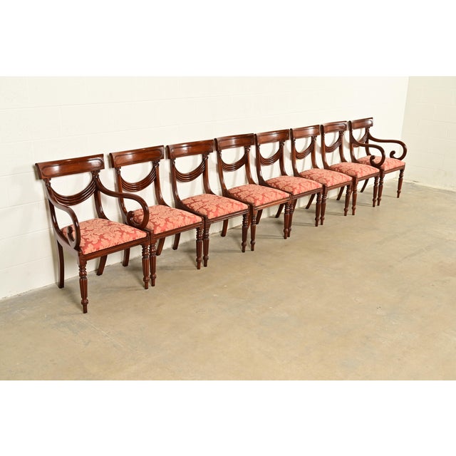 Baker Furniture Company Baker Furniture Style English Regency Carved Mahogany Dining Chairs, Set of Eight For Sale - Image 4 of 14