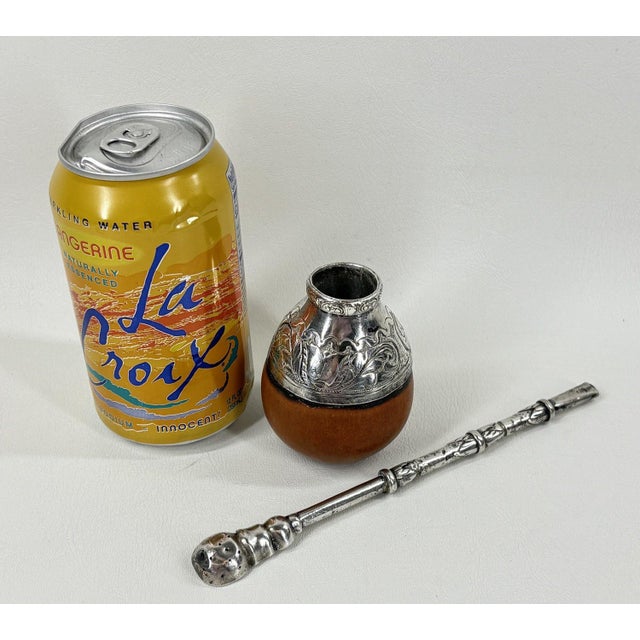 Antique South American 800 Silver & Hand-Chiseled Calabash Yerba Mate Set For Sale - Image 10 of 12