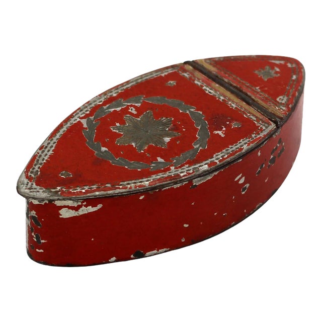 Scarlet Tole French Snuff Box, C.1800, Navette Form - Silver Trimmed. For Sale