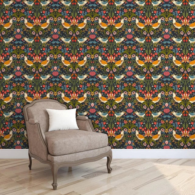 English Strawberry Thief Wallpaper - Midnight - Sample For Sale - Image 3 of 3