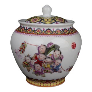 Famille Rose Children Spring Celebration Porcelain Lidded Jar, Chinoiserie Canister For Sale
