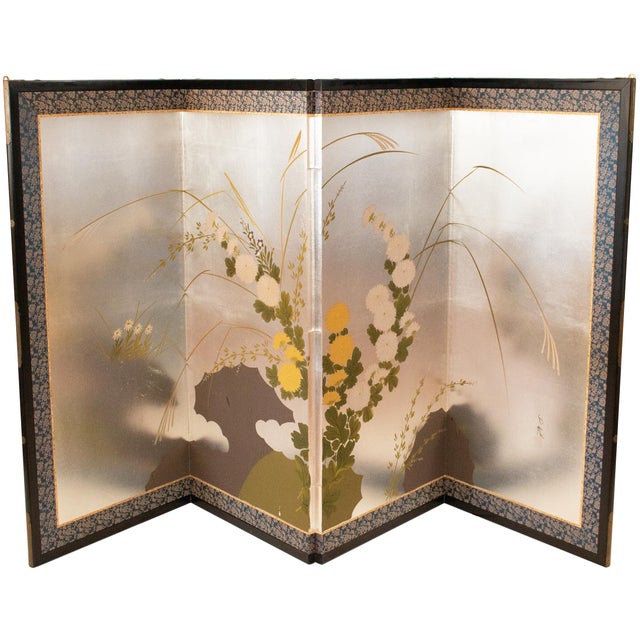 1970s Shōwa Era Japanese Byobu Screen "Chrysanthemums" on Silver Background For Sale - Image 4 of 18
