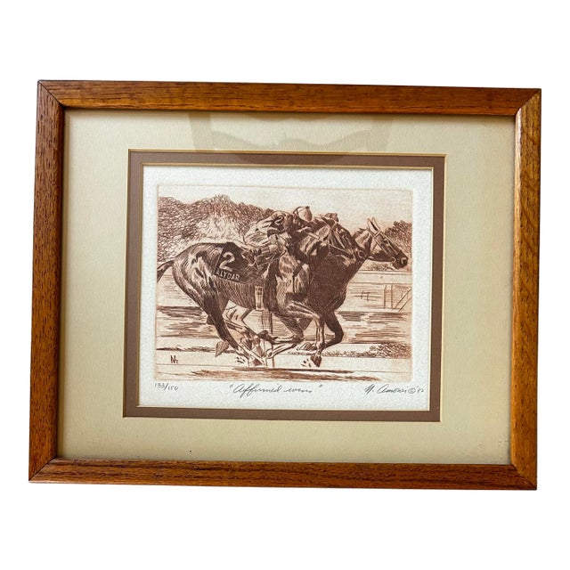 Vintage 1982 Original Etching of Legendary Race Horse “Affirmed” in a Race For Sale