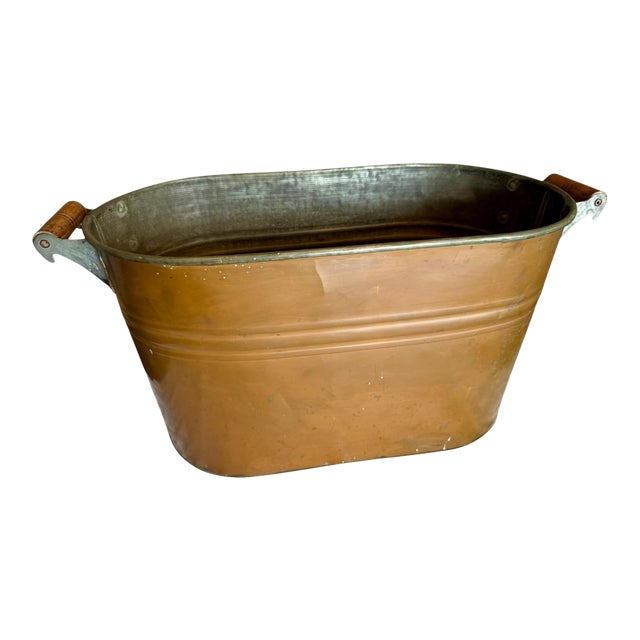 Antique Copper Boiler Wash Tub-Wood Handles-Primitive Farmhouse-Bin-Planter For Sale