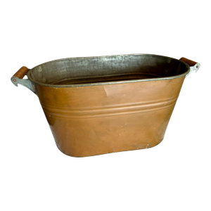 Antique Copper Boiler Wash Tub-Wood Handles-Primitive Farmhouse-Bin-Planter
