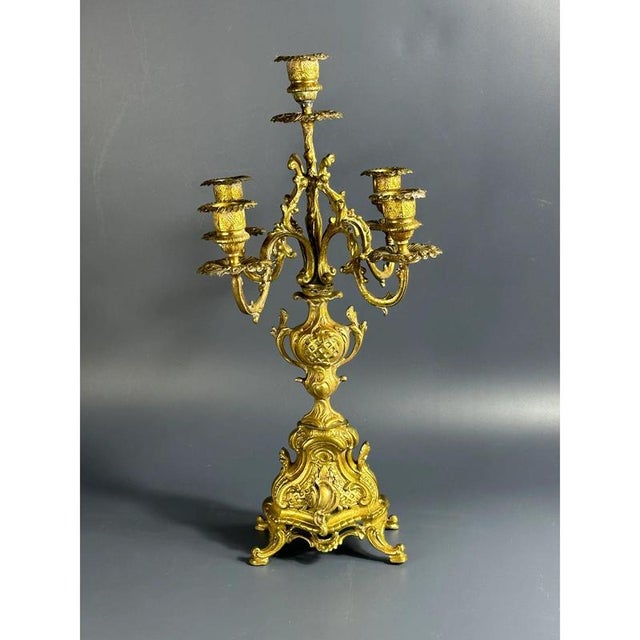 Brown Brass 5-Light Candelabra with Hand-Painted Ceramic Inserts by Luigi Beccarelli, Italy, 19th Century For Sale - Image 8 of 8