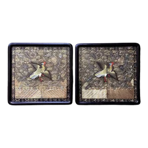 Framed Superb Chinese Qing Dynasty Embroidered Peacock Third Rank Badge - a Pair