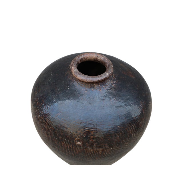 Vintage Chinese Glazed Ovoid Shaped Pot, in a wonderful dark brown glaze and striated surface. 20.5Hx20x20