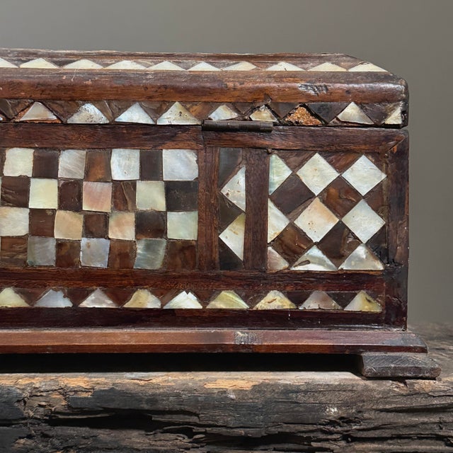 Antique Folk Art Mother of Pearl Inlaid Hand Carved Footed Table Box For Sale - Image 10 of 12