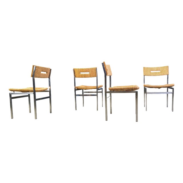 Belgian Wicker and Chrome Dining Chairs, 1970s, Set of 4 For Sale