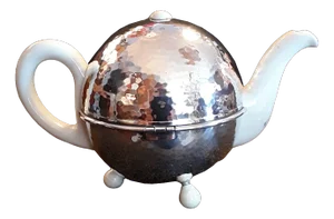 Art Deco German Cream White Porcelain Silver Plated Insulated Metal Coat with Cream White Bakelite Feet Spherical Tea Toan from WMF, 1930s