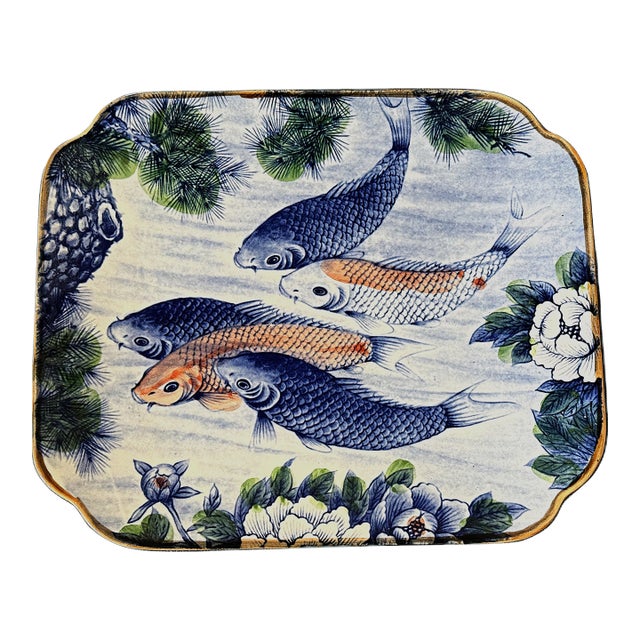 Chinoiserie Ceramic Platter With Koi Fish For Sale