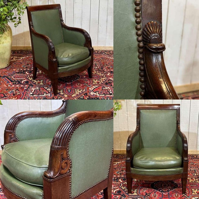 Empire bergère in mahogany, early 19th century, very fine work of carved mahogany - skai covering - H=94cm, H seat=45cm,...