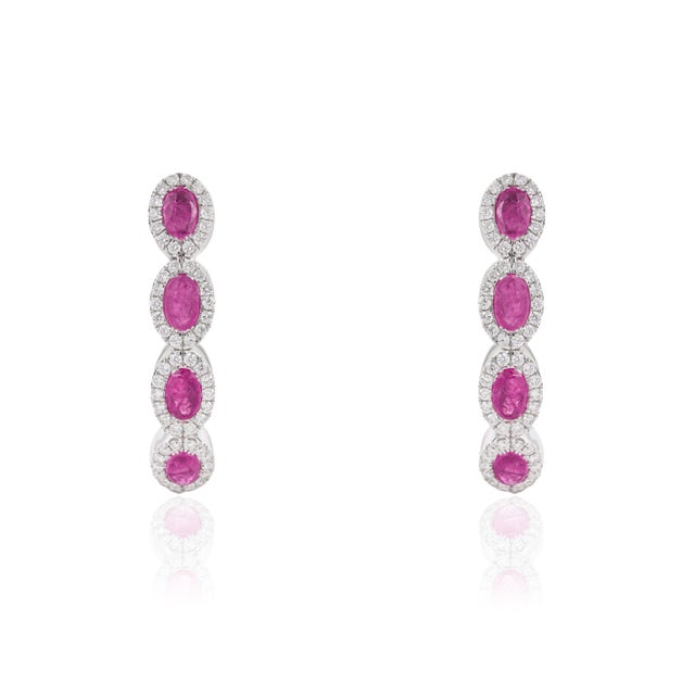 Contemporary 14k Gold Natural 2.02ct Ruby & Diamond Halo Hoop Earrings- 2 Pieces For Sale - Image 4 of 18
