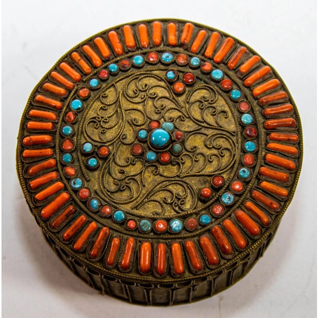 Asian Antique Antique Asian Tibetan Brass Filigree With Turquoise and Red Beads Ceremonial Box For Sale - Image 3 of 12