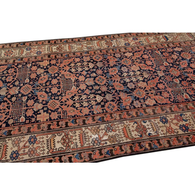 1910s Antique Malayer Handmade Allover Motif Blue and Rust Wool Runner For Sale - Image 5 of 9