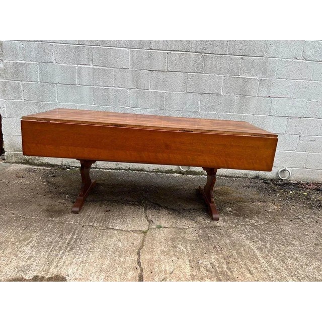 Early American Style Solid Maple Trestle Base Drop Leaf Harvest Table By Cushman Vintage Farmhouse Style, Solid wood, Well...