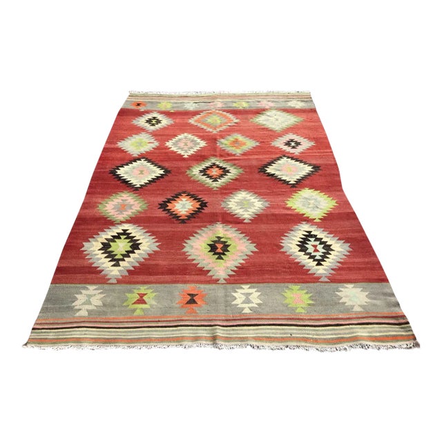 Vintage Red Turkish Kilim Rug - 75" X 111" For Sale