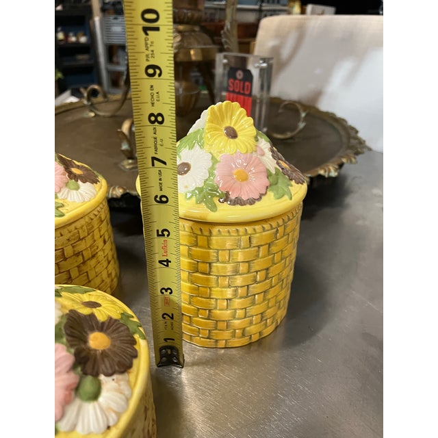 Ceramic Vintage Trio of Yellow Ceramic Woven Style Jars With Floral Accents For Sale - Image 7 of 11