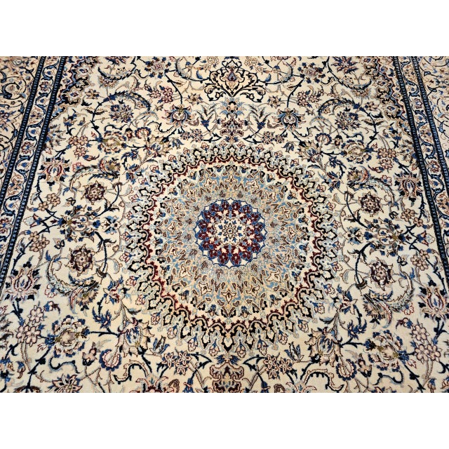 Vintage Exceptionally Fine Persian Nain Habibian Area Rug, Hand-Knotted Wool & Silk, Floral Pattern, 6x10, Ivory & Blue For Sale - Image 4 of 9
