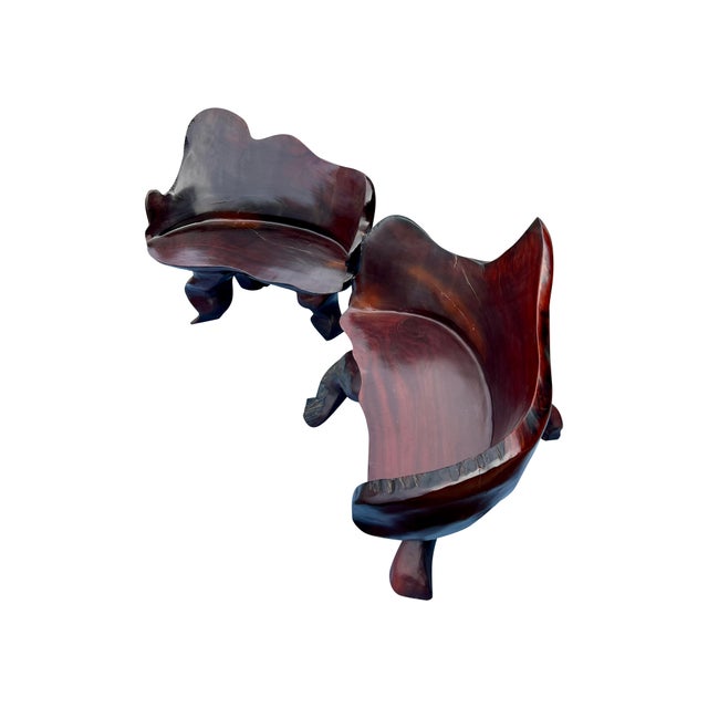 1970s Pair of Vintage Hand Carved Raw Wood Chairs Seating For Sale - Image 5 of 10