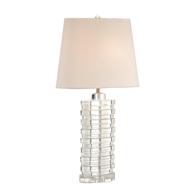 Brushed nickel, clear crystal 32h x 8.5w x 4d Shade Dimensions: top(7 x 14) bottom(9.5 x 18) side(13)