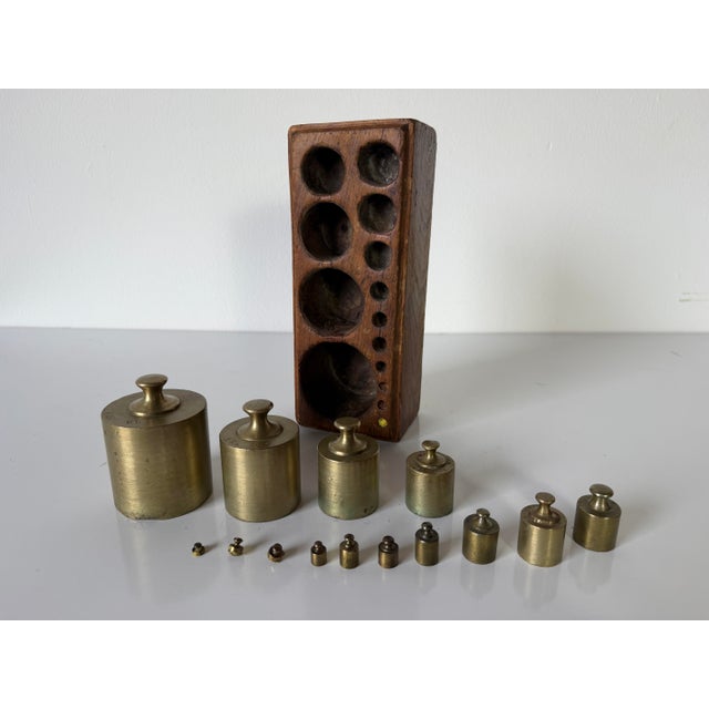 1900 - 1909 19th Century Antique French Brass Scale Weight Set With Original Wood Box For Sale - Image 5 of 12