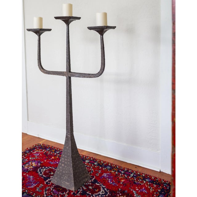 Metal Brutalist Three Arm Candelabra Floor Candle Stand | Hammered and Hand Welded For Sale - Image 7 of 11