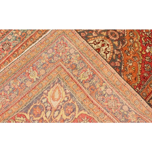Antique Antique Persian Haji Jalili Rug With Multi-Layered Medallion in Soft Red, Teal & Orange For Sale In Atlanta - Image 6 of 7