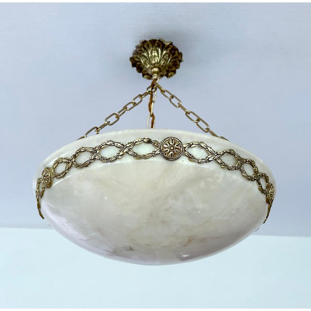 1930s French Art Deco Alabaster and Bronze Pendant Light, 1930s For Sale - Image 5 of 18