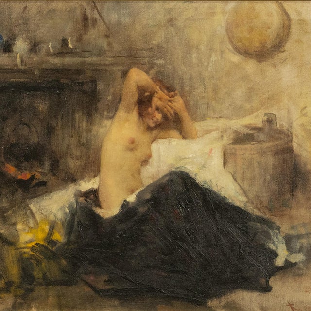 Antique Italian Realism Verismo Oil on Canvas Painting Female Nude Ex-Christie's by Antonio Mancini, 1890 For Sale - Image 12 of 18