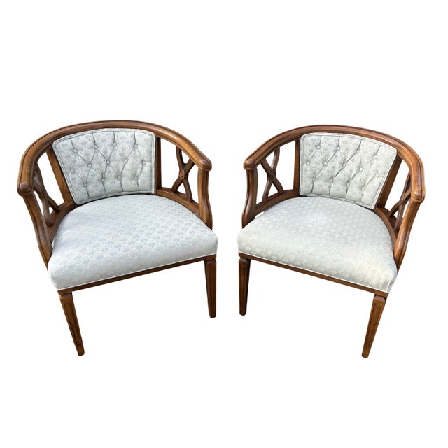 Mid-Century Modern Pair of Mid-Century Modern Fruitwood Barrel Back Lounge Chairs For Sale - Image 3 of 10