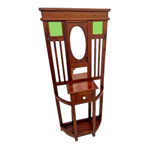 1910s Arts and Crafts Hall Tree Glove Drawer Umbrella Stand Hat Rack Mirror Green Glass