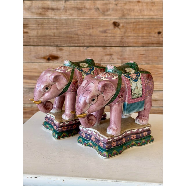 Pair of Chinese Export Famille Rose Style Elephant Bookends or Decorative Objects For Sale In Naples, FL - Image 6 of 11