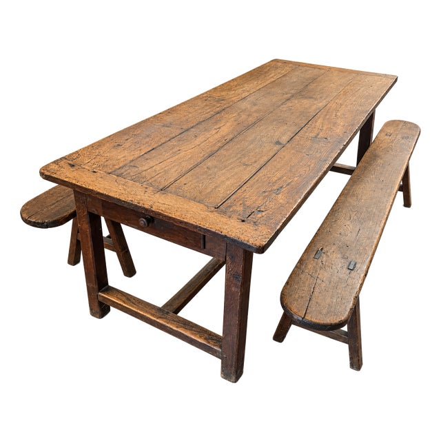 Large Antique Early 20th Century French Oak Farmhouse Table with Drawer and Two Benches For Sale