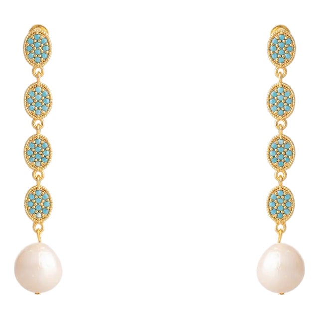 Turquoise Harmony Pearl Dangle Earrings, A Pair For Sale