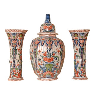 Delft Vases Polychrome Delftware Chinoiserie Baluster Beaker Vases Set of 3 For Sale