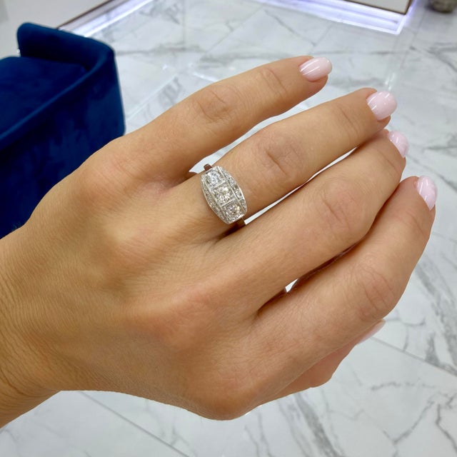 Platinum Antique Edwardian Platinum 0.63ct Old European Diamond Three Stone Band Ring, Size 6 For Sale - Image 8 of 8