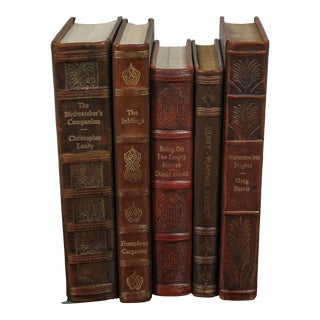 Set of 5 High Quality Leather Bound Decorative Books For Sale