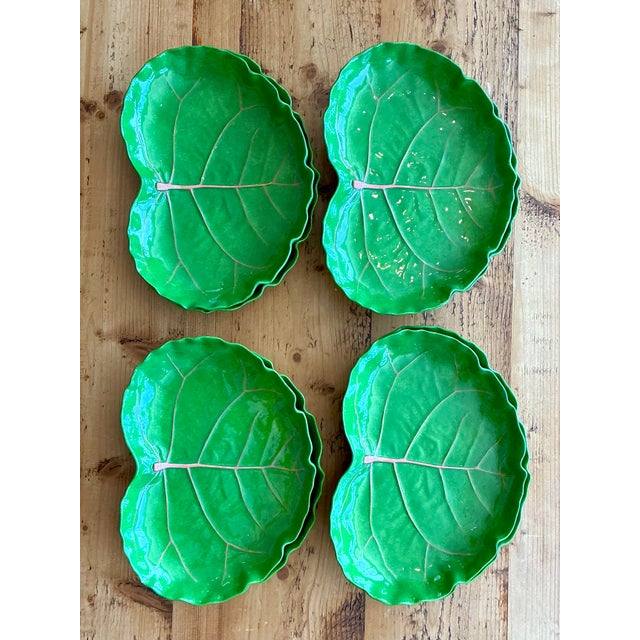 Vintage Glazed Ceramic Cabbage Leaf Plates - Set of 8 For Sale - Image 4 of 12