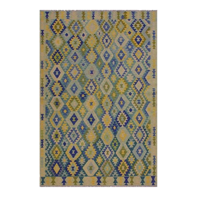 Kilim Green Blue Wool Rug - 6'6" X 9'9" For Sale