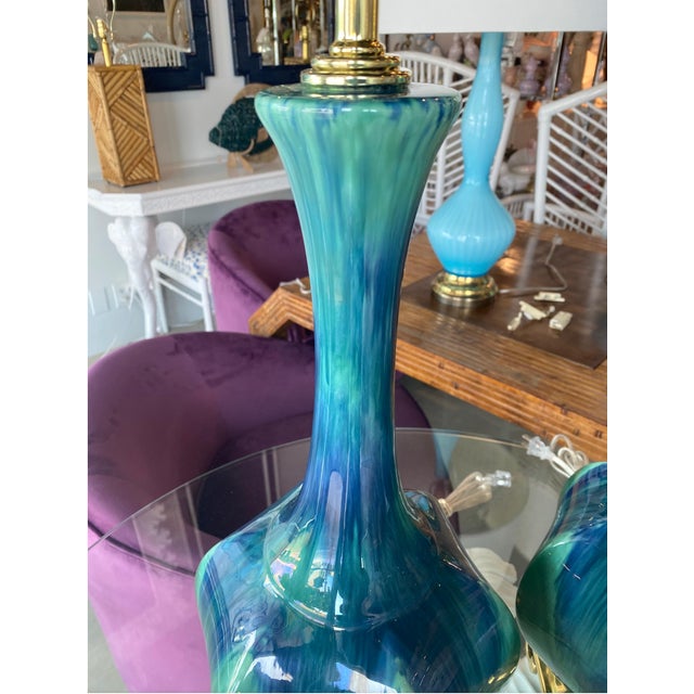 1970s Vintage Pair of Blue Green Ceramic Table Lamps Brass Greek Key Base - a Pair For Sale - Image 5 of 11