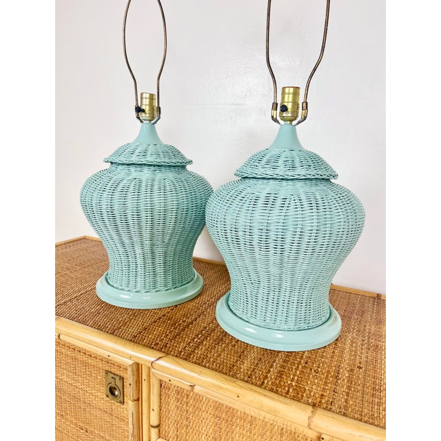 Late 20th Century Newly Lacquered Vintage Wicker Lamps- A Pair For Sale - Image 5 of 8