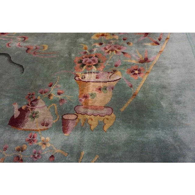 1920s Green Vase Floral Antique Chinese Art Deco Carpet 8'6" X 11'4" Knotted Wool Rug For Sale - Image 13 of 15