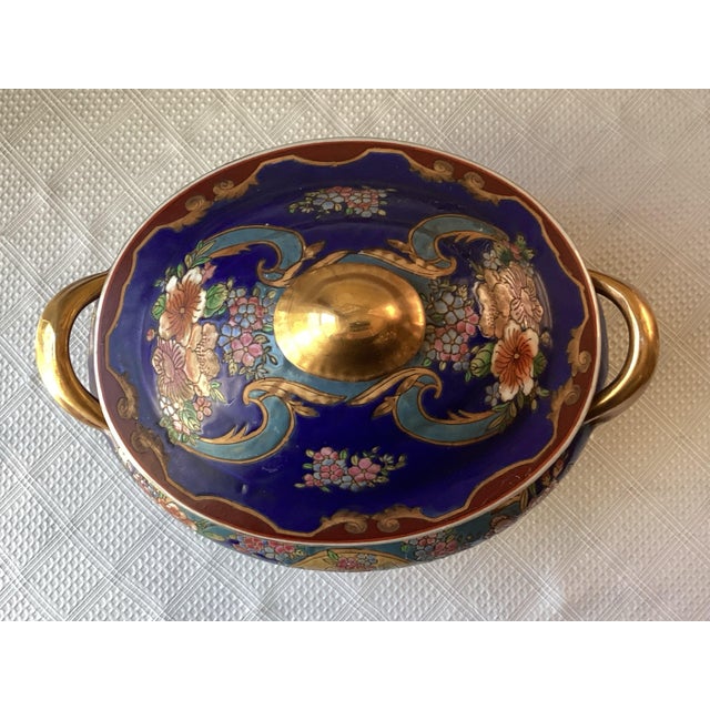 Ceramic Vintage Chinese Porcelain Tureen, Hand Painted, Royal Blue & Gold Floral For Sale - Image 7 of 12